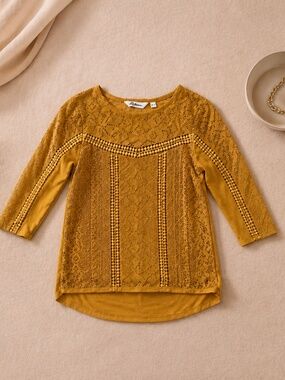 Reitmans Mustard Yellow Boho Crochet Knit Top XS